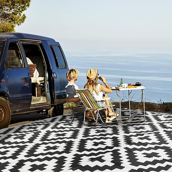 SAND MINE Waterproof Outdoor Rug 9x18 ft, Plastic Straw Rug, Modern Area Rug, Large Floor Mat, RV, Patio, Backyard, Deck, Picnic, Beach, Trailer, Camping (9' x 18', Black & White Lattice)