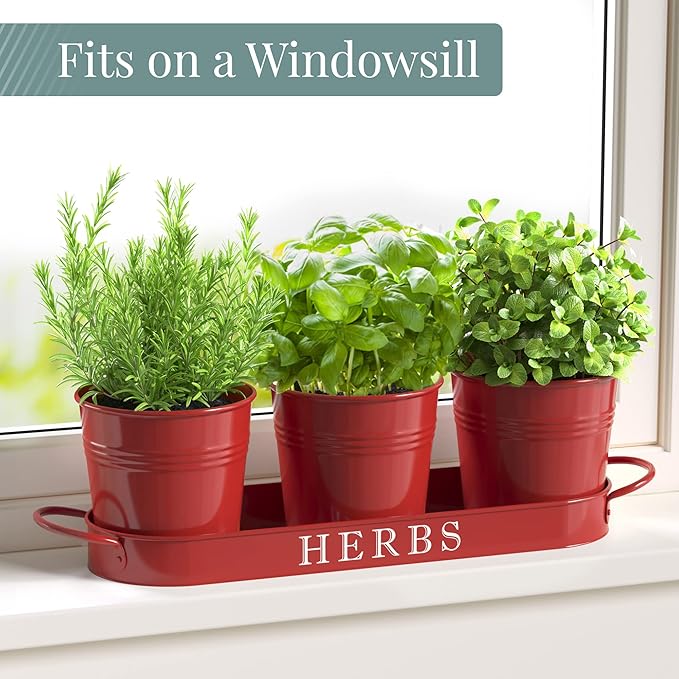 Barnyard Designs Indoor Herb Garden Planter Set with Tray, Metal Windowsill Plant Pots with Drainage for Outdoor or Indoor Plants, Set/3 (Brick Red)