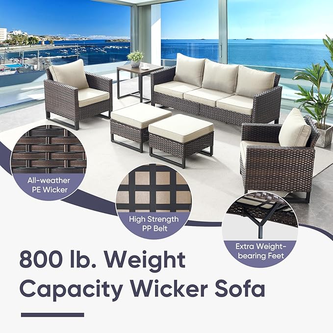 Belord Wicker Patio Furniture 5 Piece Outdoor Sofa Set, Oversize Outdoor Swivel Rocker Chairs with Rattan Ottomans, Conversation Sets Patio Furniture Come with Removable Cushion Beige, Anti-Rust Frame