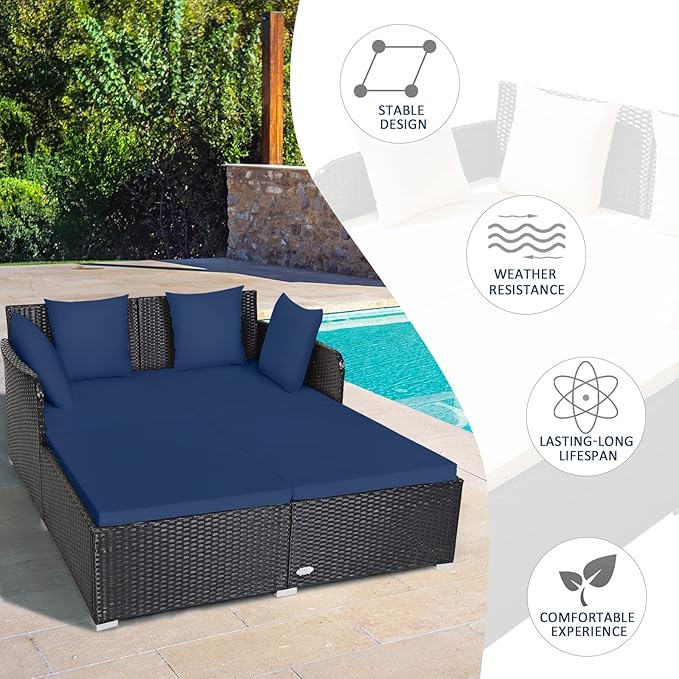 RELAX4LIFE Rattan Patio Outdoor Daybed, Wicker 2-Person Sunbed Loveseat with Soft Cushions, 4 Pillows, Curved Backrest & Armrest, Double Bed Lounger Sofa Set for Balcony Porch, Patio Bed (Navy)