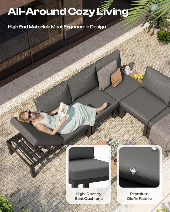 Aluminum Outdoor Patio Sofa Set, 2 Seats Modular Sectional Sofa with Side Table, Thick & Removable Cushions, All-Weather Outdoor Conversation Sets for Garden & Yard, Graphite