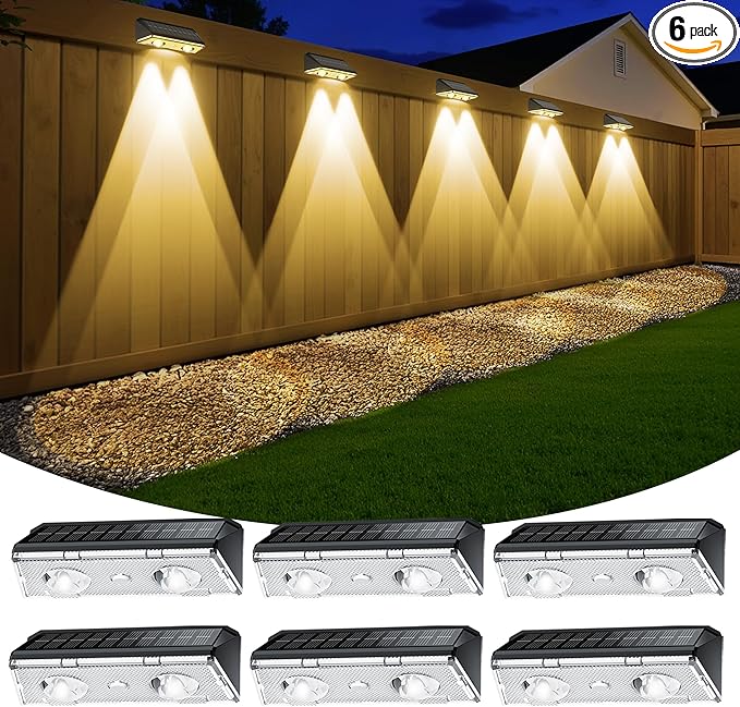 Solar Fence Lights Outdoor, 6 Pack IP65 Waterproof Fence Lights Solar Powered with Ultra-Bright LED Lens, 9 Color Modes, 12+ Hours Steady Glow for Deck/Backyard/Patio/Pool/Wall - Black