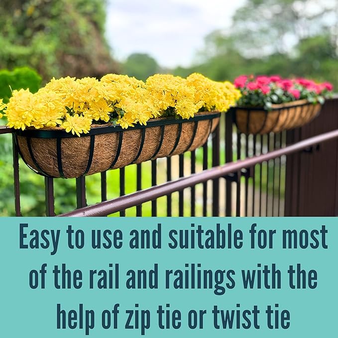 LaLaGreen Deck Railing Planter Boxes - 30 Inch, 4 Pack Wall Planters for Outdoor Plants, Window Flower Boxes Deck Railings with Coco Liners Metal Horse Troughs Fence Balcony Patio Porch Over Rail