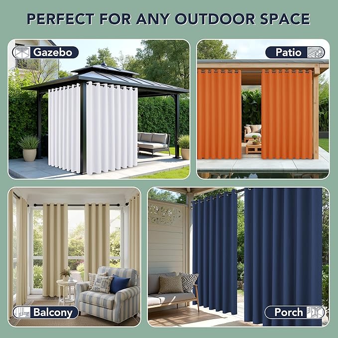 Black Outdoor Curtains for Patio Waterproof - 8 Panels Privacy Weatherproof Outside Curtains with Grommets for Pergola, Gazebo, Porch, Cabana, Balcony, 54 x 95 Inch
