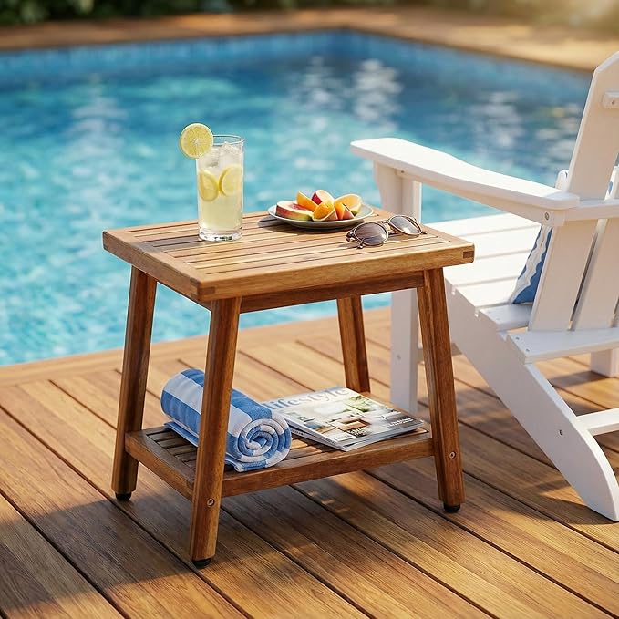 ENKEZI Small Acacia 16 Inches Outdoor Side Table, 2-Tier Sturdy Patio, End Table Weather Resistant, Strong Stability Side Table for Patio, Pool, Porch, Teak Finish (Small)