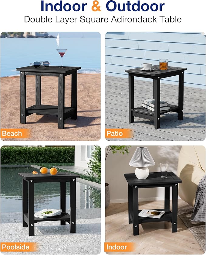 YEFU Outdoor Side Table for Patio: 16" HIPS Weather - Resistant Adirondack Tables - Waterproof Small Square End Tables for Backyard Pool Porch Balcony - Indoor Outdoor Double Layer Table Black