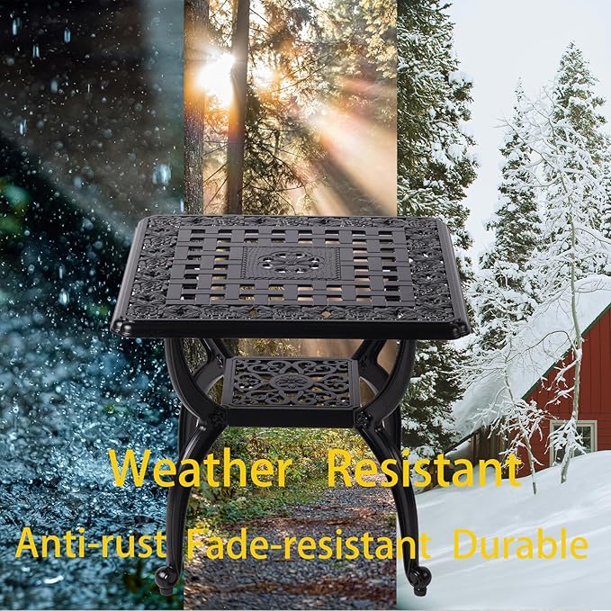 21" Cast Aluminum Outdoor Side Table,Small Patio Table,Outdoor Coffee Tables for Patio,Garden,Balcony, for All Weather (Black, Square)