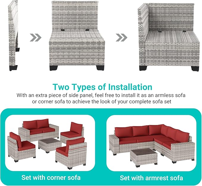 6-Piece Outdoor Patio Furniture Set Wicker Sectional Sofa Set, Patio Conversation Set with Thickened Cushions & Coffee Table for Garden, Backyard, Poolside, Red