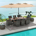 Tangkula 10 Pieces Patio Wicker Dining Set w/Double-Sided Patio Umbrella, Outdoor Acacia Wood Furniture Set w/ 8 Armchairs, 71” Dining Table & 15 ft Umbrella with Weighted Base (Coffee)