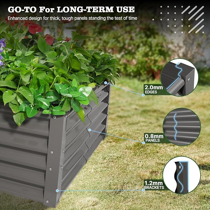 A ANLEOLIFE Set of 6, 18 Inch Tall Quartz Grey Raised Garden Beds Kit, Rectangular & Square Metal Planters for Structured Garden Layouts