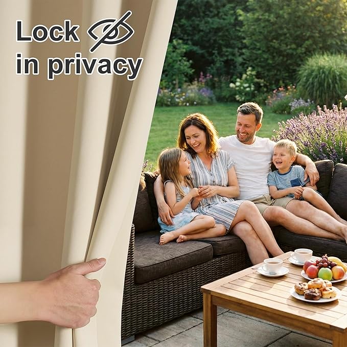 RYB HOME Outdoor Curtains for Patio Waterproof Block Sunlight Thermal Insulated Privacy Assured Thick Outside Curtains for Porch, Gazebo, Pergola, W84" x L95", Biscotti Beige, 1 Panel