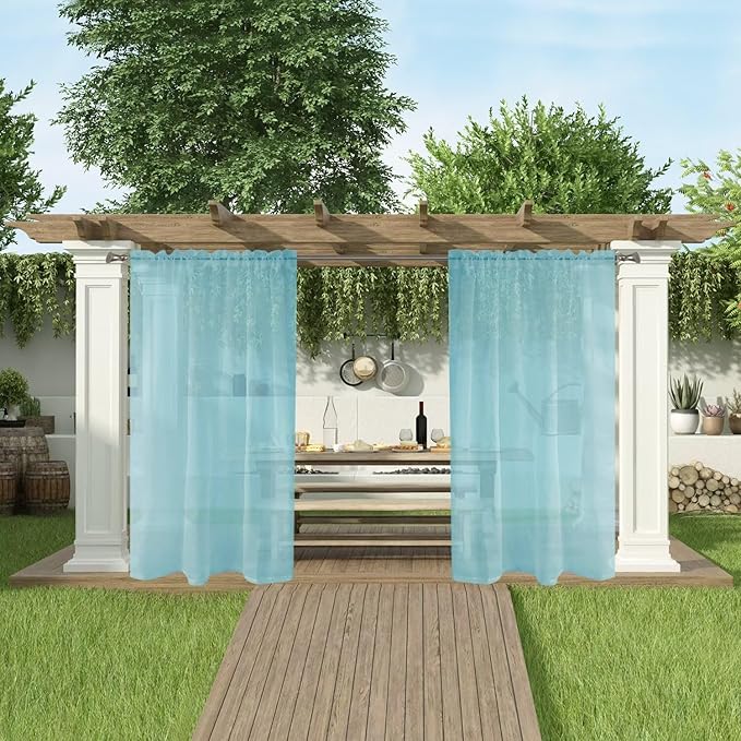 SpaceDresser Waterproof Outdoor Sheer Curtains for Patio - 2 Panels Rod Pocket Indoor Voile Sheer Curtain for Living Room,52W x 84L inch, Aqua