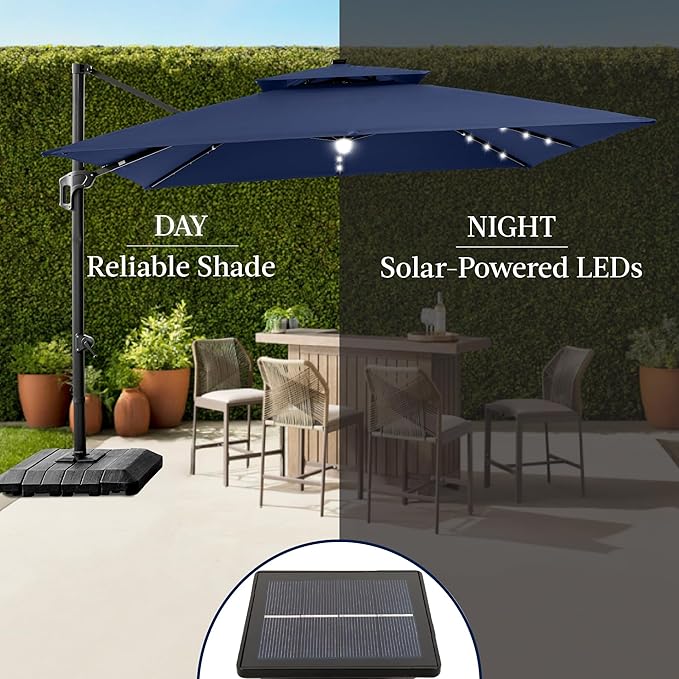 Best Choice Products 9x12ft LED Cantilever Patio Umbrella w/Base Included & 360° Rotation, Large Solar Offset Hanging Outdoor Sun Shade for Deck, Backyard Table w/Stand & Lights – Navy Blue