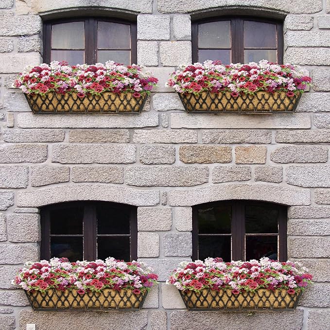 4 Pack 24 Inch Window Boxes Planters Railing Planter Box with Adjustable Brackets for Porch Fence Patio Balcony Hanging Flower Baskets with Coco Liners for Outdoor Garden Decor - Bronze