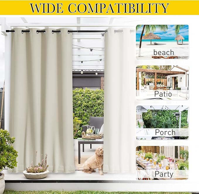 NICETOWN 2 Panels Waterproof Outdoor Curtains Fixed Grommet & Back Tab on Top & Bottom, Thermal Insulated Keep Rain & Sun Out Privacy Windproof Outdoor Draperies with Rope, W52 x L72, Beige