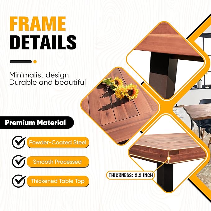 Flamaker Dining Table for 6 FSC Acacia Wood Indoor Outdoor Home Kitchen Table with Iron Legs Large Rectangular Patio Table for Deck, Sunroom (Walnut)