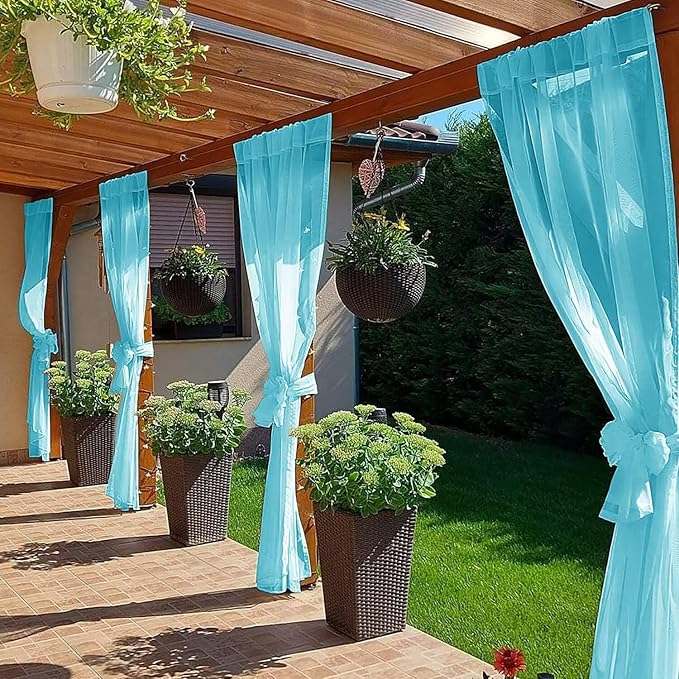 SpaceDresser Waterproof Outdoor Sheer Curtains for Patio - 4 Panels Rod Pocket Indoor Voile Sheer Curtain for Living Room,52W x 96L inch, Aqua