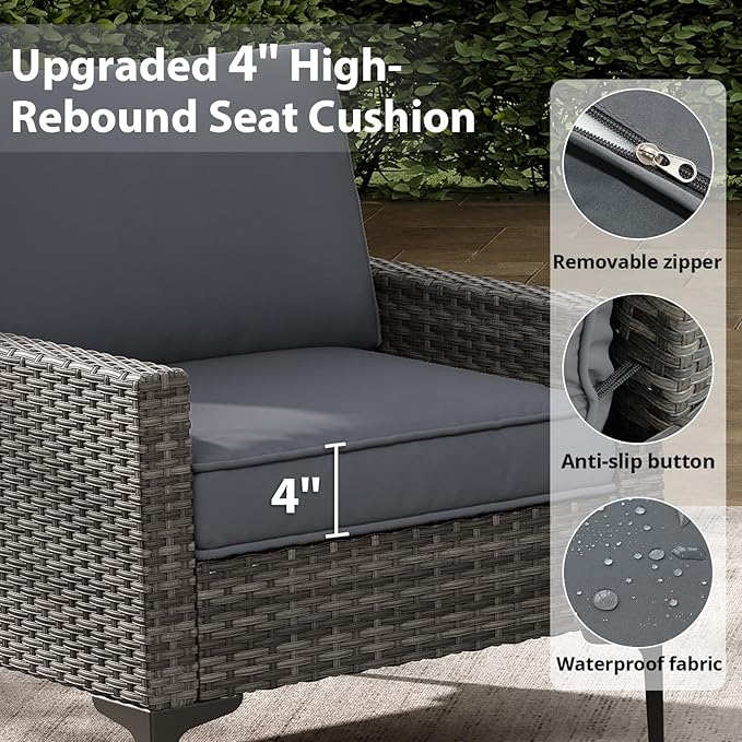 Jing's Villa 4-Piece Outdoor Sectional Sofa Set, All-Weather Wicker Patio Furniture with L/R Armrest & Tempered Glass Table, Comfortable Garden Conversation Set for Backyard, Poolside, Deck,Grey