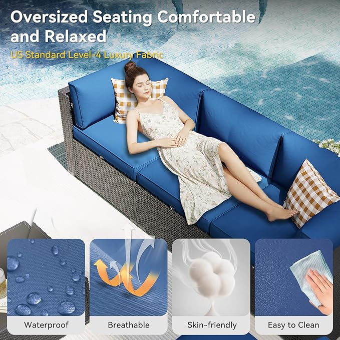 Aoxun Patio Furniture Set with Fire Pit Table, 12 Piece Outdoor Sectional Sofas, 10 Seats Wicker Rattan Outdoor Furniture with Thickened Cushion for Backyard, Garden Navy Blue