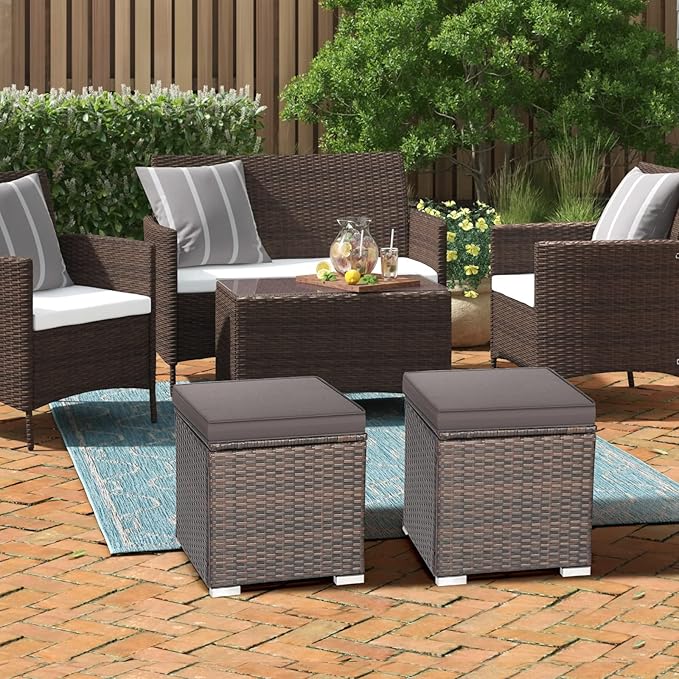 RELAX4LIFE Wicker Outdoor Storage Ottoman, 2-Piece Rattan Footstool w/Removable Cushion, Multipurpose Footrest Stool Side Table Additional Seating, Set of 2 Outdoor Ottomans for Patio Deck (Grey)
