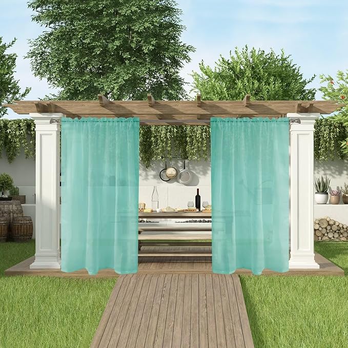 SpaceDresser Waterproof Outdoor Sheer Curtains for Patio - 2 Panels Rod Pocket Indoor Voile Sheer Curtain for Living Room,100W x 84L inch, Turquoise