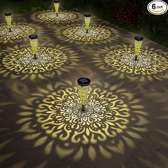6 Pack Solar Lights Outdoor Garden Decorative Mandala Solar Pathway Lights Waterproof Plastic Outside Solar Path Landscape Lights Gardening Gifts for Women Mom Backyard Walkway Yard Decor