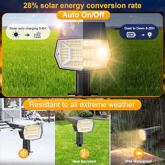 Fabrito 72 LEDs Solar Spot Lights Outdoor Waterproof, 3 Modes Landscape Spotlights, Dusk to Dawn Solar Powered Flood Wall Lights for Outside, Solar Garden Lights for Yard Porch 6 Pack (Warm White)