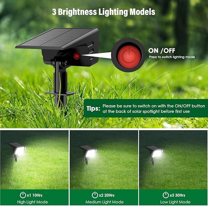 Solar Spot Lights Outdoor with 60 LED & Auto On/Off, 2 Pack Solar Lights Outdoor Waterproof IP68 with 3 Lighting Modes, 2-in-1 Solars Landscape Light for Outside, Garden, Yard(Cool White)