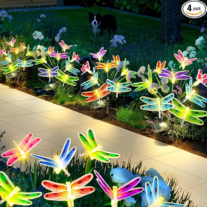 Anordsem Solar Garden Lights Outdoor: 8 Removable Fiber Optic Fabric Dragonflies 4 Pack - Waterproof Fun Animal Decoration for Yard Patio - Gardening Gifts for Garden Lovers