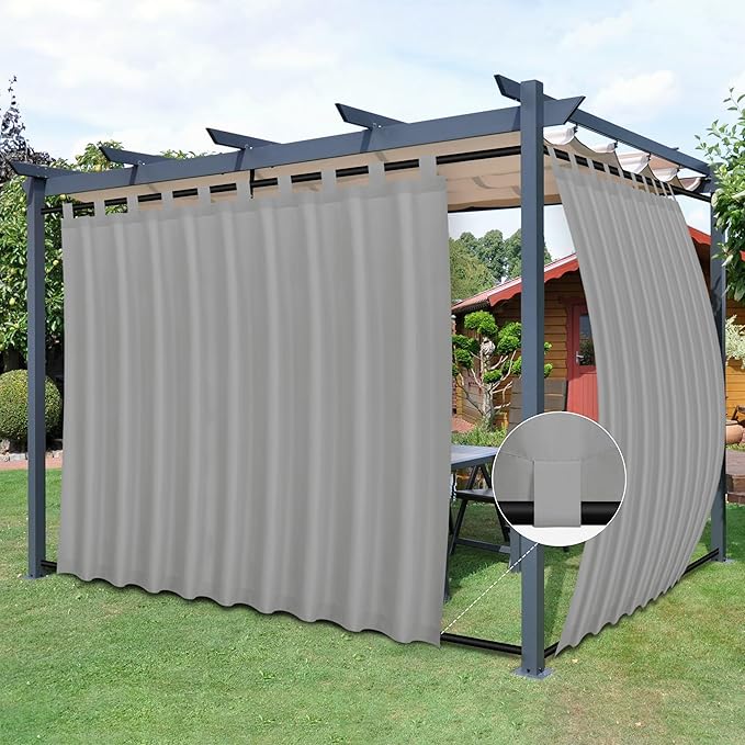 Easy-Going Outdoor Patio Curtains Detachable Tab Top Windproof Weatherproof Curtain for Cabana, Porch, Pergola and Gazebo, Tab Bottom Drape, 2 Panels, 110W x 84L inch, Light Grey