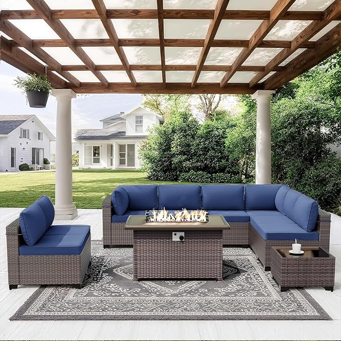 ALAULM 10 Pieces Patio Furniture Set with Propane Fire Pit Table Outdoor Sectional Sofa Sets Patio Furniture 43" Gas Fire Pit Brown PE Rattan Patio Conversation Set w/8 Seat Cushions (Deep Blue)