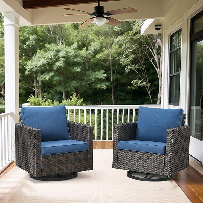Belord Wicker Chairs Outdoor Bistro Set Oversize Patio Swivel Rocker, Rattan Outdoor Seating Set of 2 Swivel Glider Chairs Wicker Furniture for Porch Deck Backyard with Water-Resistant Cushion Brown