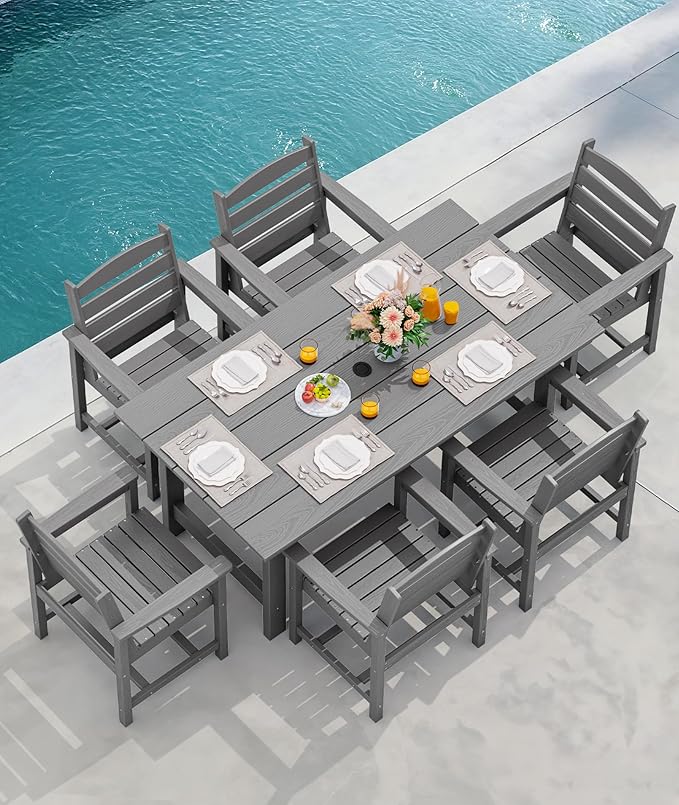 SERWALL 8-Piece Patio Dining Sets with 15FT Double Side Patio Umbrella, Outdoor HDPE Dining Furniture Set with Umbrella Hole Cut-Out Table and 6 Chairs, Gray（Umbreall Base not Included）