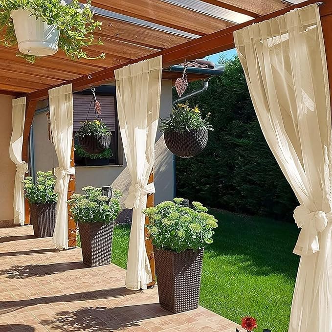 SpaceDresser Waterproof Outdoor Sheer Curtains for Patio - 2 Panels Rod Pocket Indoor Voile Sheer Curtain for Living Room,52W x 108L inch, Beige