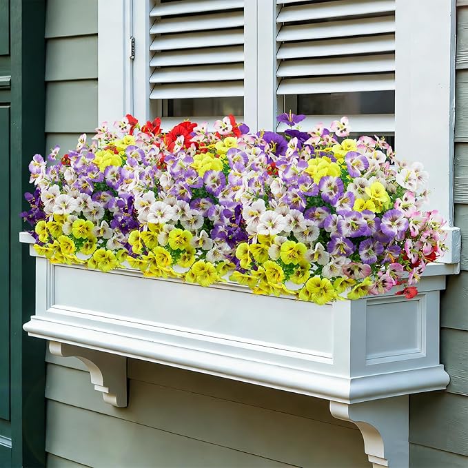 12 Bundles Artificial Pansy Flowers for Outdoor, Faux Silk Pansies Spring Flowers for Outside for Planter Front Door Porch Patio Yard Window Box Home Decor (Purple, Yellow, White,Red)