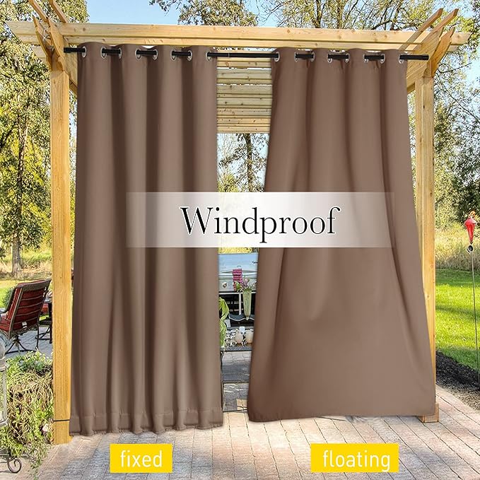 NICETOWN 2 Panels Blackout Waterproof Patio Outdoor Curtains, Top & Bottom Grommet & Back Tab Windproof Hot & Cold Block Drapes Privacy for Pergola with Fixed Ropes, W46 x L63, Tan-Khaki
