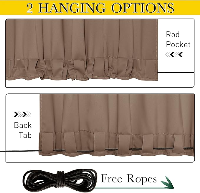 NICETOWN 2 Panels Waterproof Outdoor Curtains Fixed Grommet & Back Tab on Top & Bottom, Thermal Insulated Keep Rain & Sun Out Blackout Windpoorf Outdoor Draperies with Rope, W52 by L108, Tan-Khaki