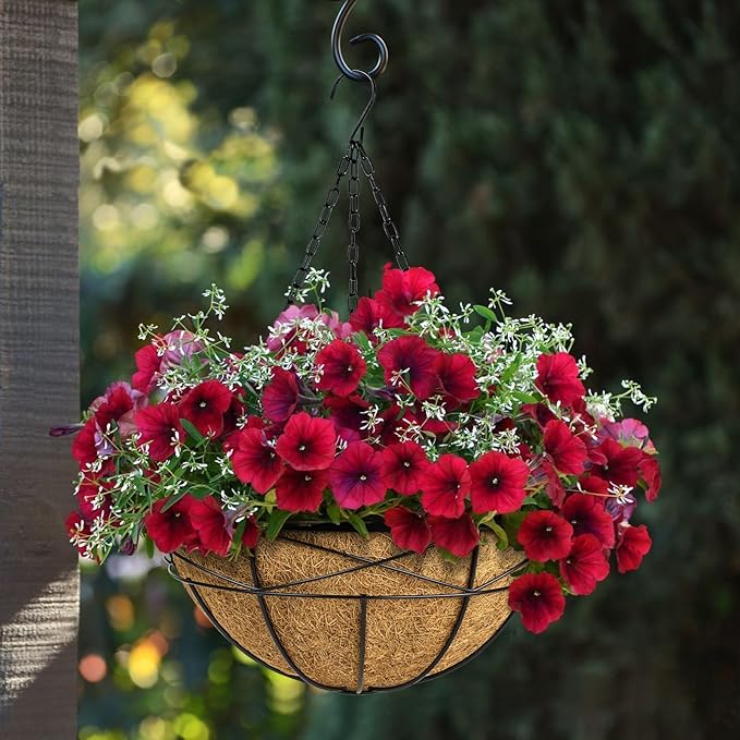 4 Pack 16 Inch Hanging Planters for Outdoor Plants Metal Wire Flower Baskets with Coco Liner & Plastic Saucer Large Deep Hanging Plant Pots for Porch Balcony Garden Décor
