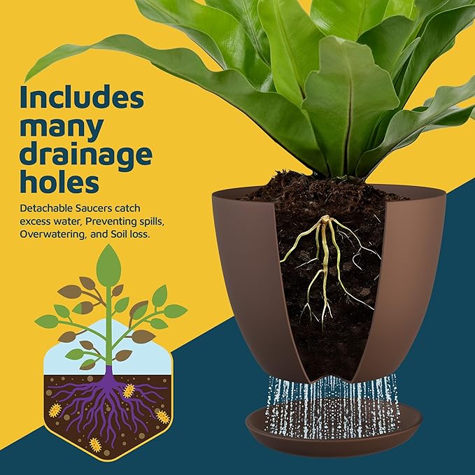 Brown Plant Pots with Drainage Holes & Saucers 15 Pack, Indoor & Outdoor Stackable Space-Saving Planters for Houseplants & Flowers, (7", 6.7", 6", 5.3", and 4.8" Inches), Durable & Weatherproof