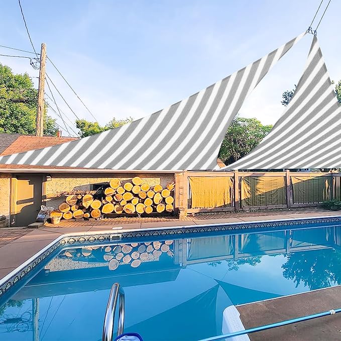 E&K Sunrise 14' x 14' x 14' Sun Shade Sail Triangle Canopy Shade Cover UV Block for Patio Backyard Garden Outdoor (Gray White Strip)