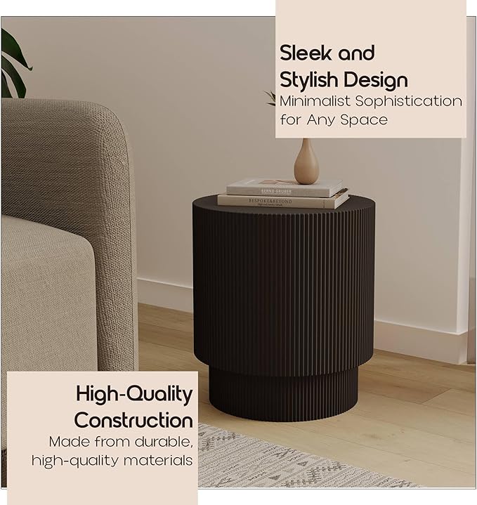 LeisureMod Modern Side Table Round Fiberstone Top Accent End Table for Home, Outdoor Patio, Living Room Sofa, Weather-Resistant, Eden Series in Black