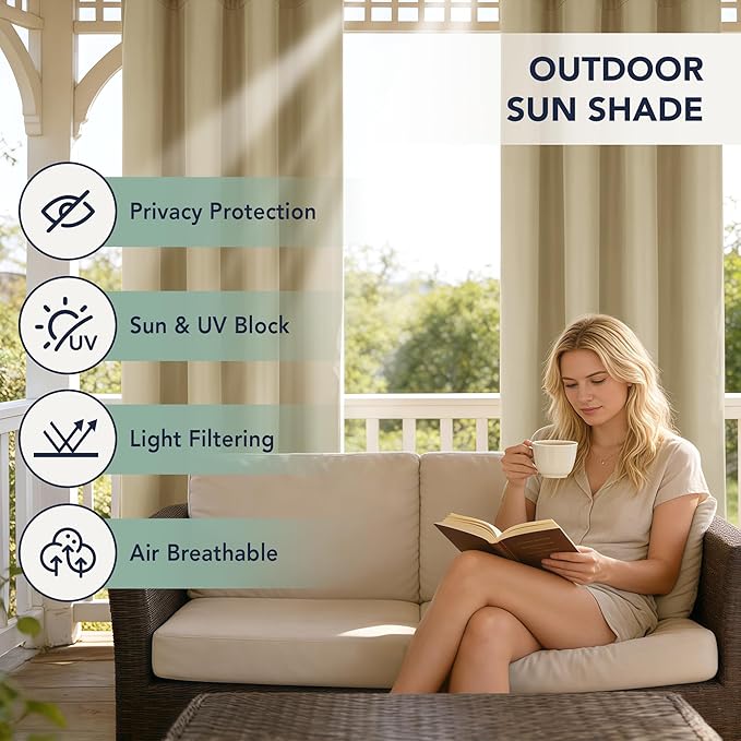Outdoor Curtains for Patio Waterproof - 6 Panels Privacy Weatherproof Outside Curtains with Grommets for Pergola, Gazebo, Porch, Cabana, Balcony, 54 x 120 Inch, Cream