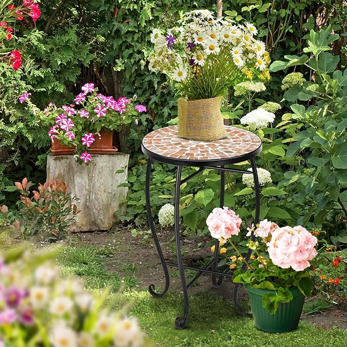 VINGLI Mosaic Outdoor Side Table, 14" Round End Table, Accent Table, Plant Stand Ideal for Pool Side, Porch, Patio, Deck or Sofa Side, Glass Top Black Iron, Golden Backyard