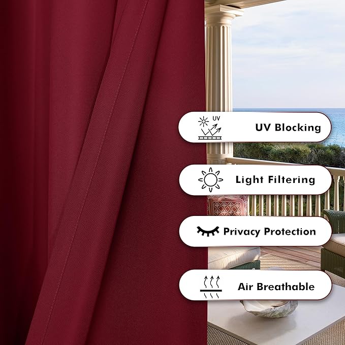BONZER Outdoor Waterproof Curtains for Patio Privacy Grommet Light Filtering Outside Curtains for Gazebo, Porch, Pergola, Pavilion, 1 Panel, 54W x 108L inch, Red