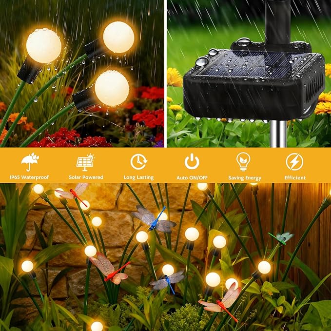 Solar Garden Lights Outdoor - 6 Pack Dragonfly Solar Swaying Light, Sway by Wind, Firefly Lights Outdoor Yard Patio Pathway Decoration, Big Bulb, High Flexibility Iron Wire & Realistic Dragonflies