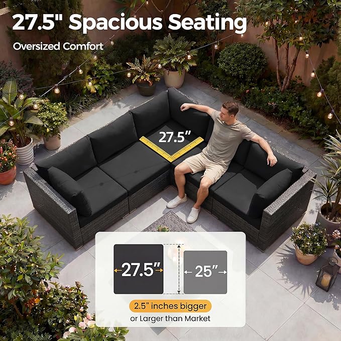 NICESOUL 9 Piece Outdoor Patio Sectional Furniture Set with Firepit Table Natural Gas/Propane, 29.3 High Back Comfy Conversations for Outside, 8 Seats Large Rattan Couch, 2 Color Cushion Black &Grey