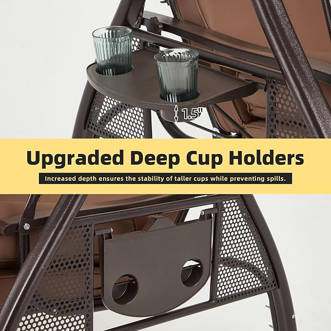 HOMREST 3 Person Outdoor Porch Swing with 1.5" Upgraded Cup Holder, Adjustable Canopy, Backrest, Patio Swing Bed with Weather Resistant Steel Frame, Cushions for Garden,Deck and Poolside(Brown)