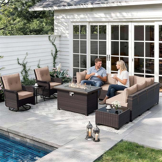 ALAULM Patio Furniture Set with 2 Swivel Chairs, Outdoor Sectional with 55000 BTU Fire Pit Table and Wide Seat, 11 Pieces Wicker Rattan Conversation Set with Coffee Table for Garden, Deck, Sand