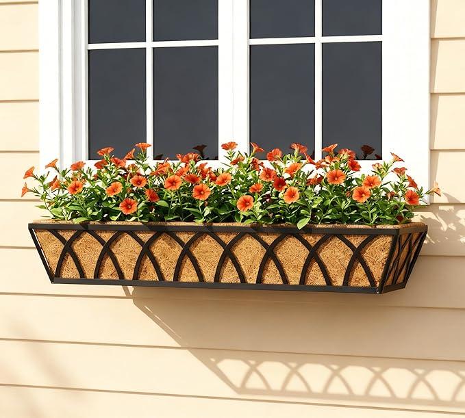 Y&M 30 Inch Fence Metal Hanging Flower Planter Window Basket Deck Railing Planter Boxes for Outdoor Garden Lawn, Window Deck with Coco Liner,6pcs
