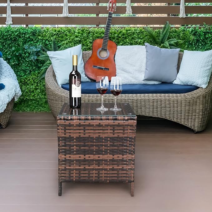 VINGLI Outdoor Wicker Side Table Patio Side Tables for Outside, Tempered Glass Top Wicker Table with Storage End Table for Balcony Porch Deck (Brown)